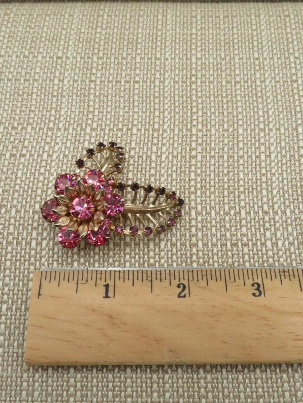 Vintage Floral Pink Purple Rhinestone Gold Tone Brooch